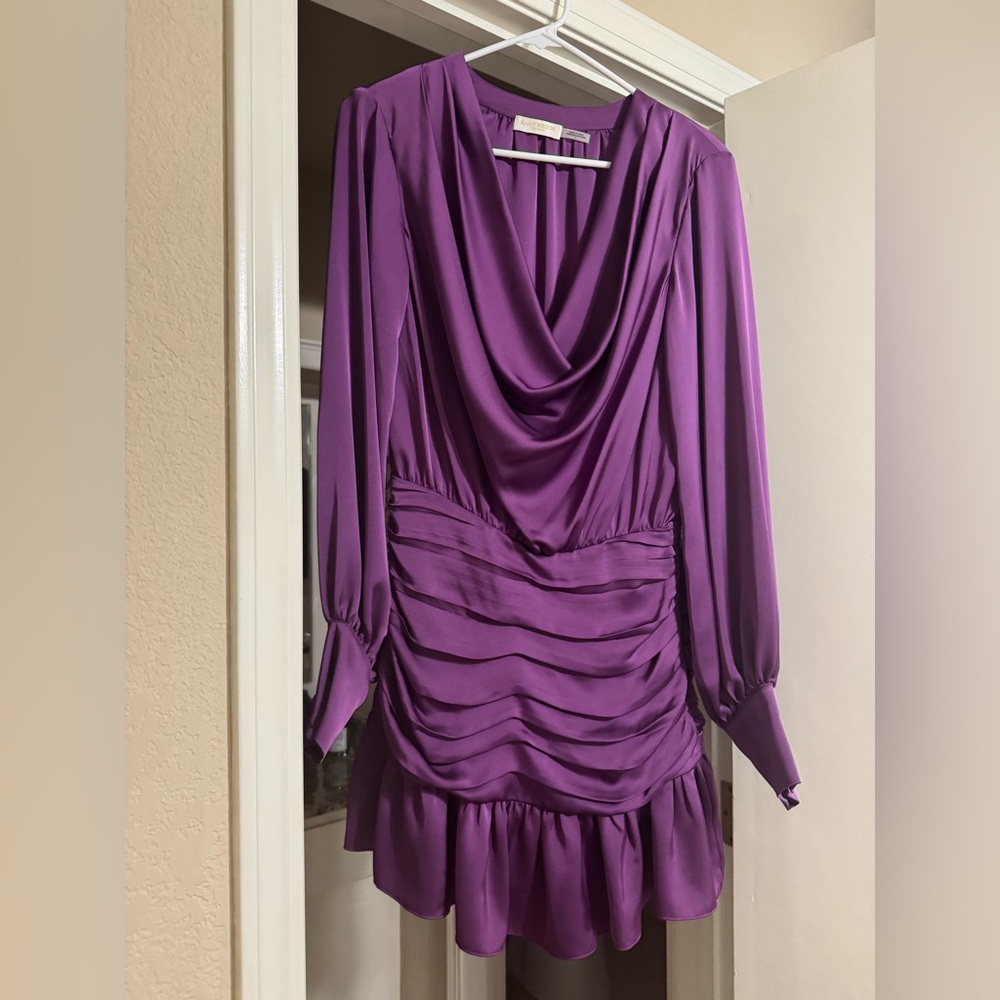 Ramy Brook Purple Long Sleeve Draped Ruched Dress